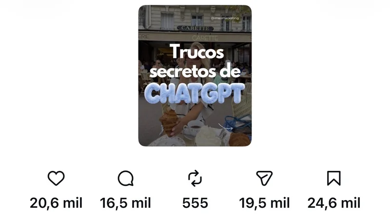 Estadísticas del post Trucos secretos de ChatGPT de @imsomarketing: 20,6 mil me gusta y 16,5 mil comentarios