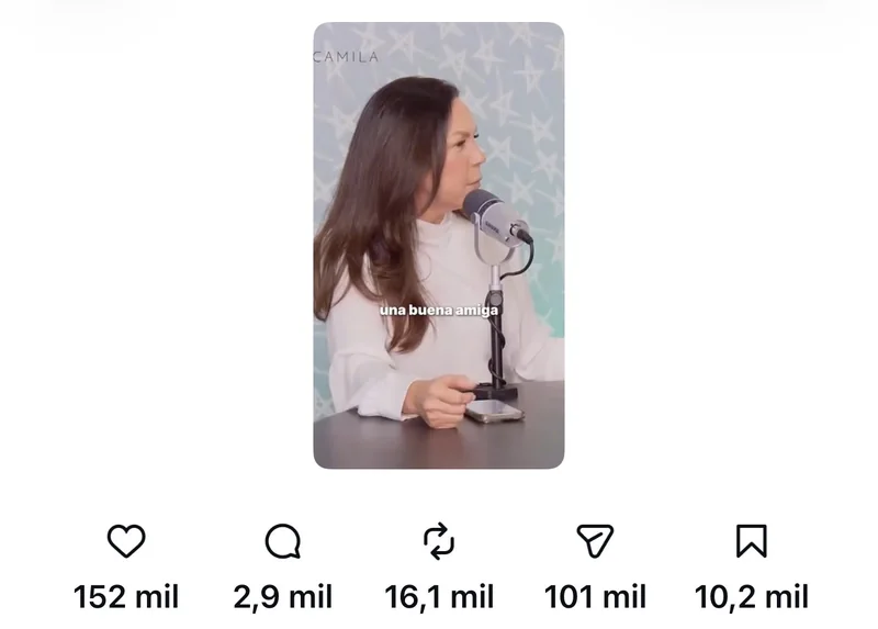 Estadísticas de un reel de @psicoespacio con 2 millones de visualizaciones: 152 mil me gusta y 101 mil compartidos