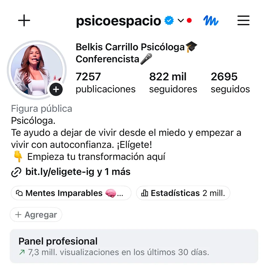 Perfil de Instagram de @psicoespacio: 822 mil seguidores y 7,3 millones de visualizaciones en los últimos 30 días